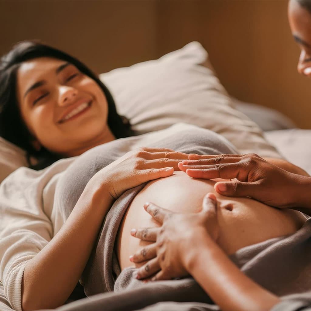 Expectant mother resting with her hands on her belly